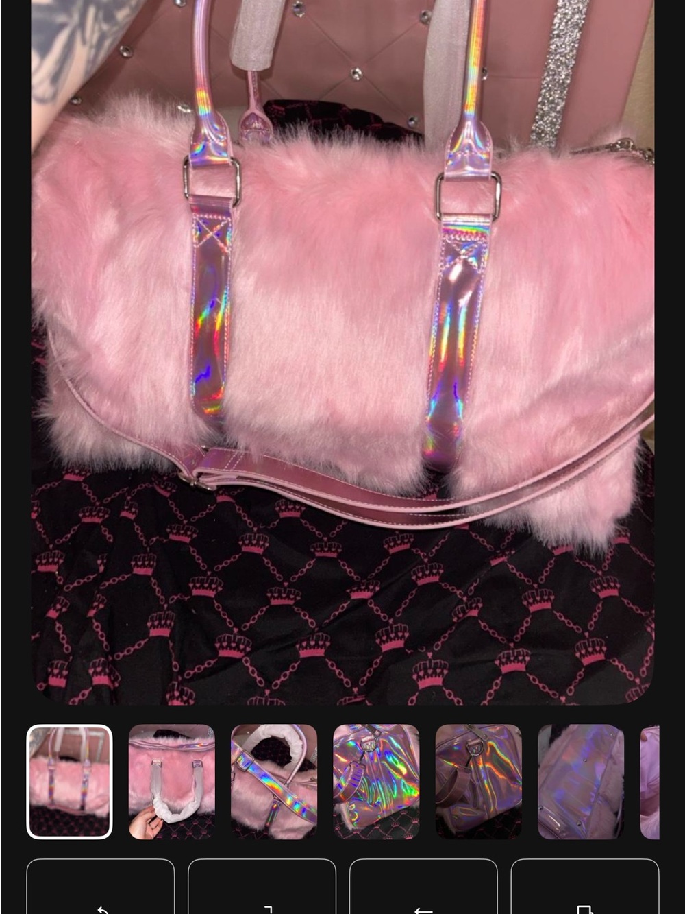 Pink Faux Fur Holographic Strap Handbag By Sugar Thrillz - Picture 1 of 7